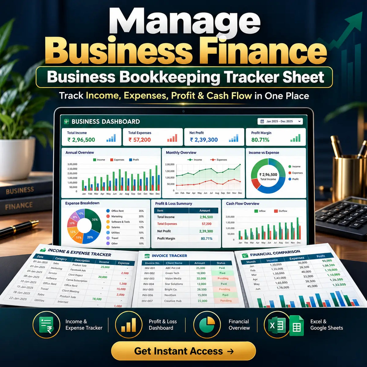 Business Bookkeeping Tracker Sheet – Excel & Google Sheets (GST-Ready, Lifetime Access)